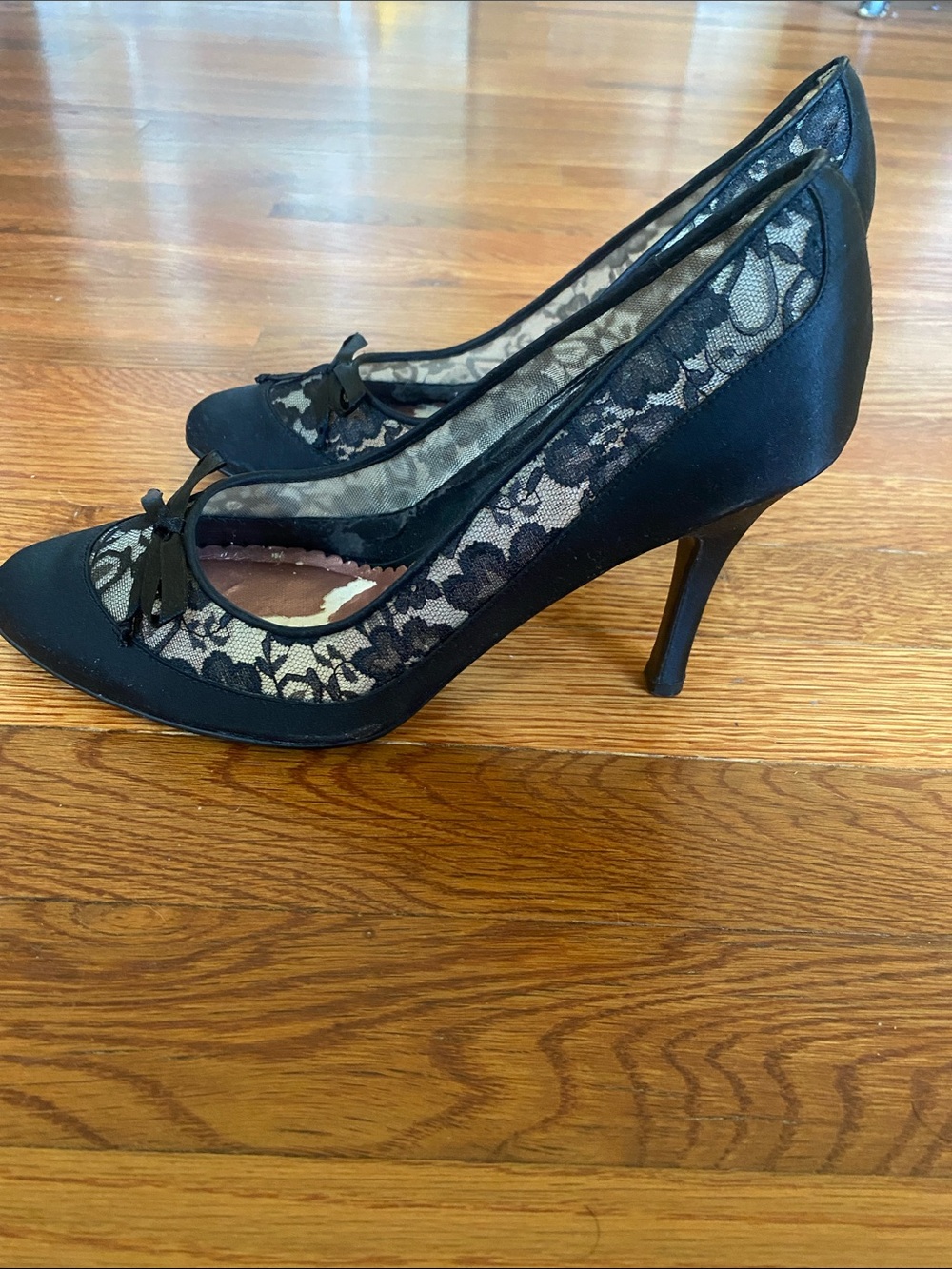 Beverly Feldman Black Lace Accent Heels with Bow